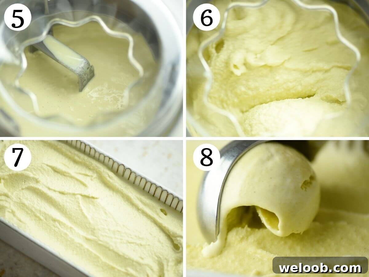 Step by step photos showing how to churn pistachio ice cream