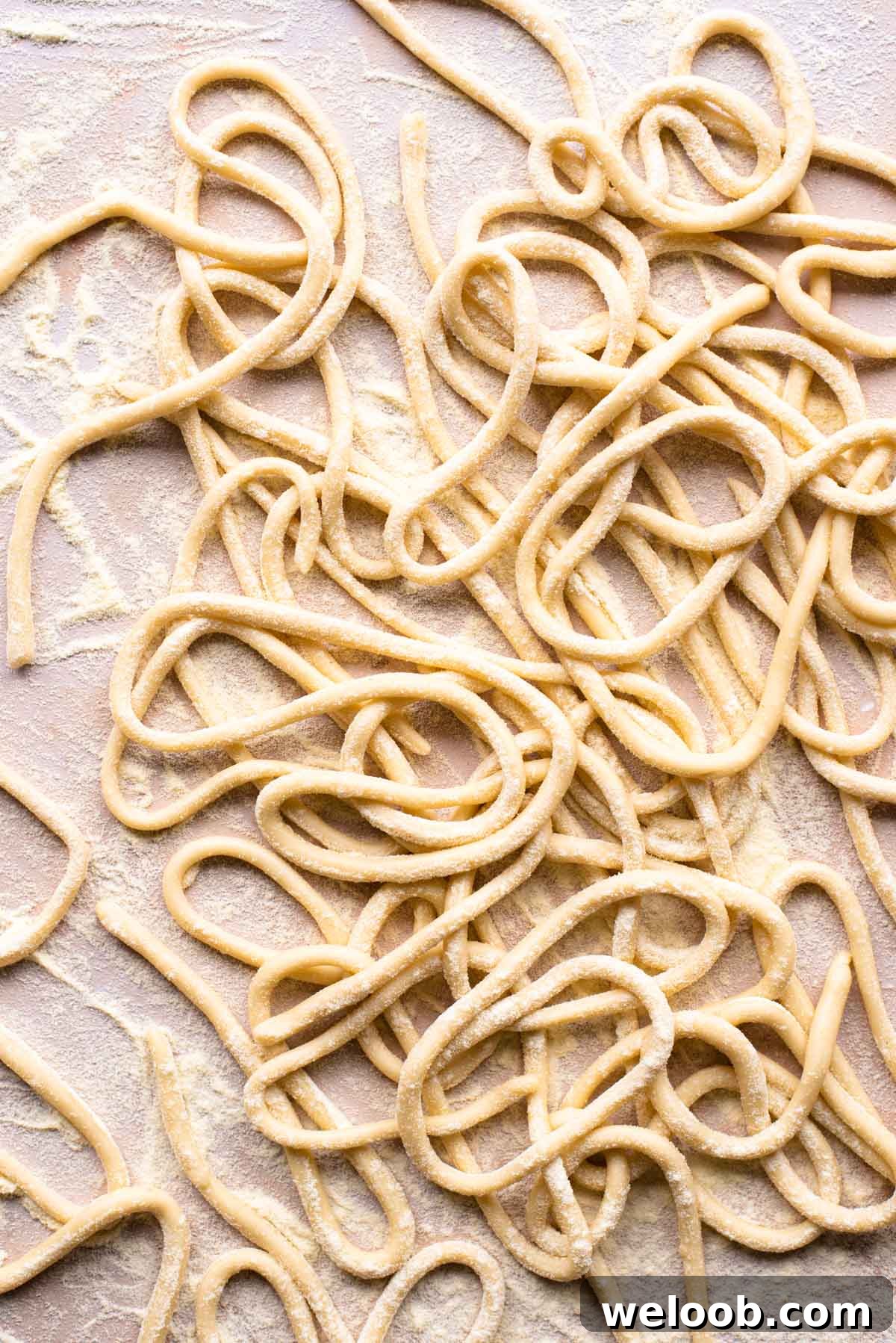 An overhead shot of homemade pici pasta