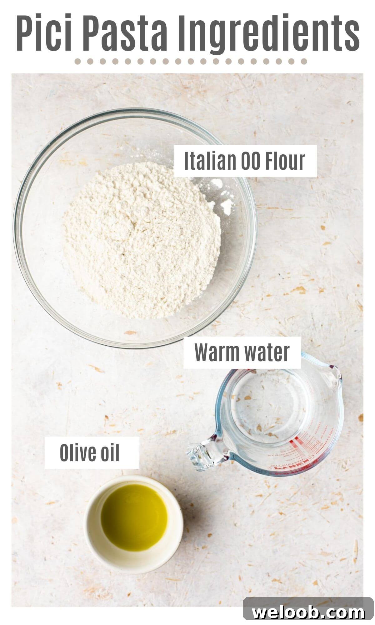 An overhead shot of all the ingredients you need to make pici pasta