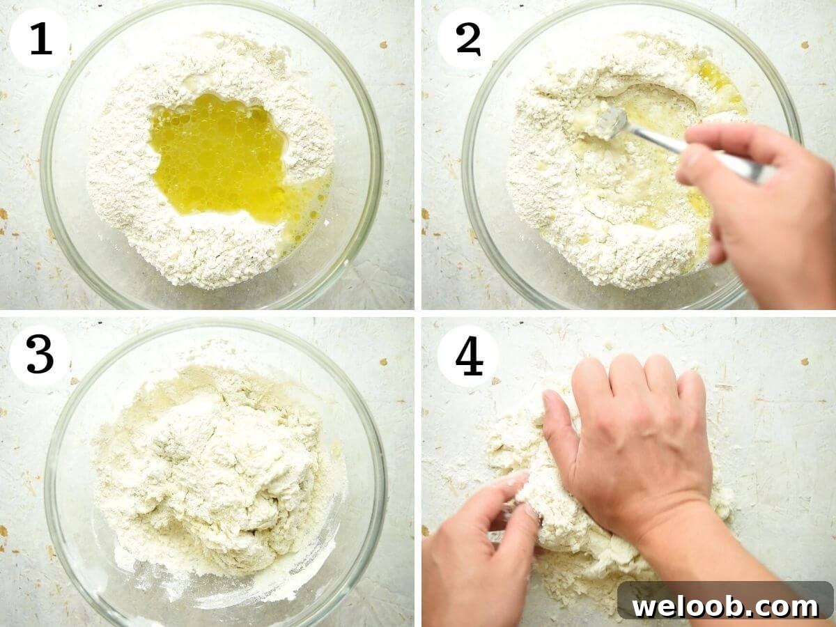 Step by step photos showing how to make pici pasta dough