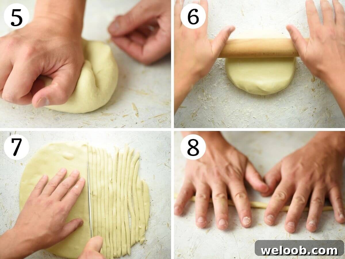 Step by step photos showing roll out pici pasta