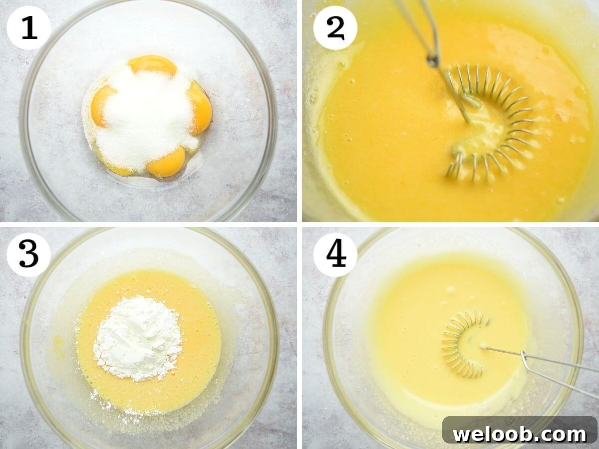 Step by step photos showing how to combine egg yolks, sugar and cornstarch