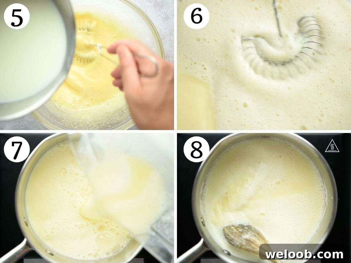 Step by step photos showing how to temper eggs with hot milk