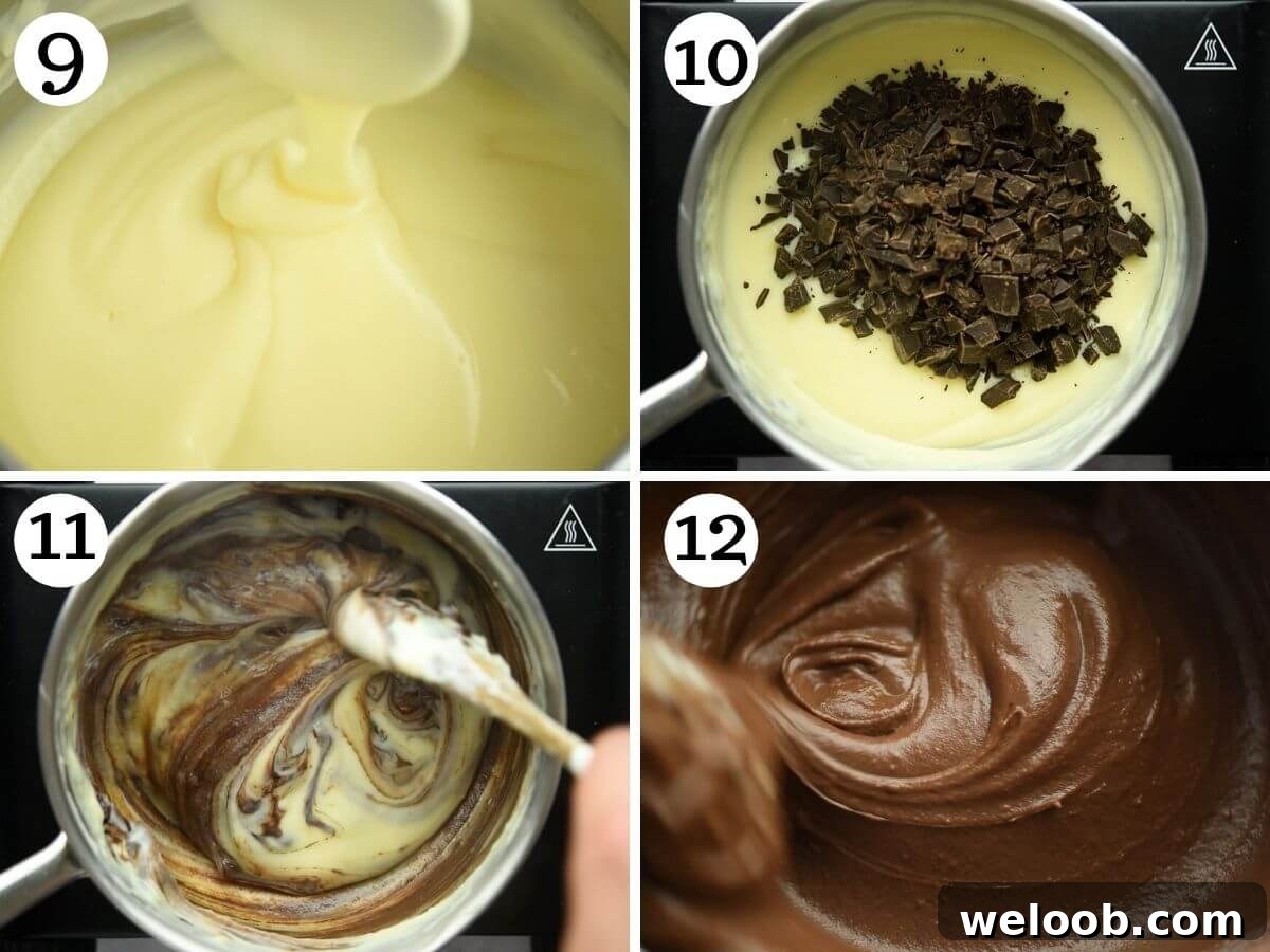 Step by step photos showing how to make chocolate pastry cream