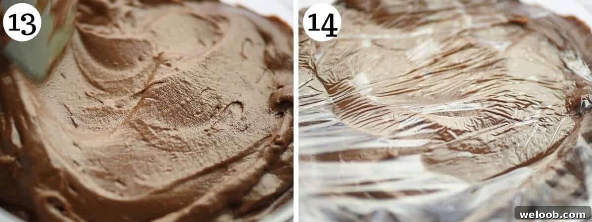 Two photos showing showing how to store chocolate pastry cream