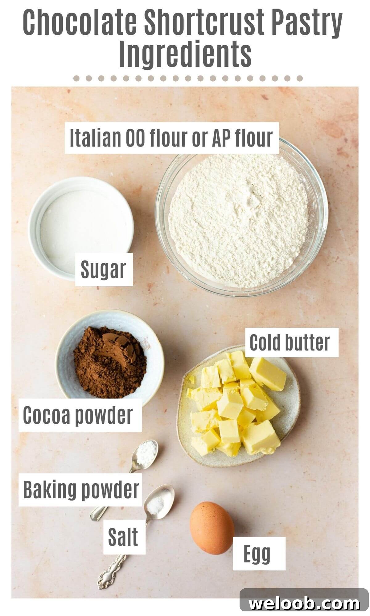 An overhead shot of all the ingredients you need to make chocolate shortcrust pastry