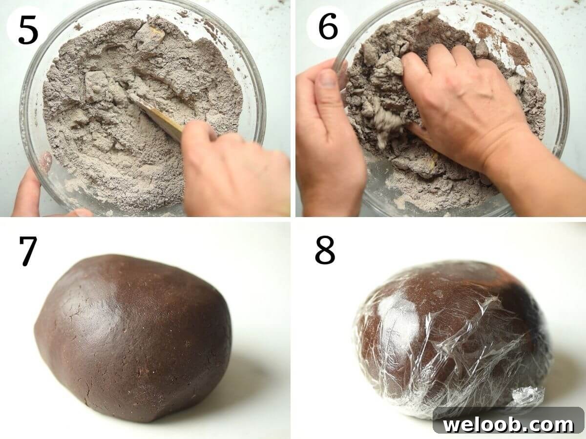 Step by step photos showing how to bring chocolate pastry together into a ball
