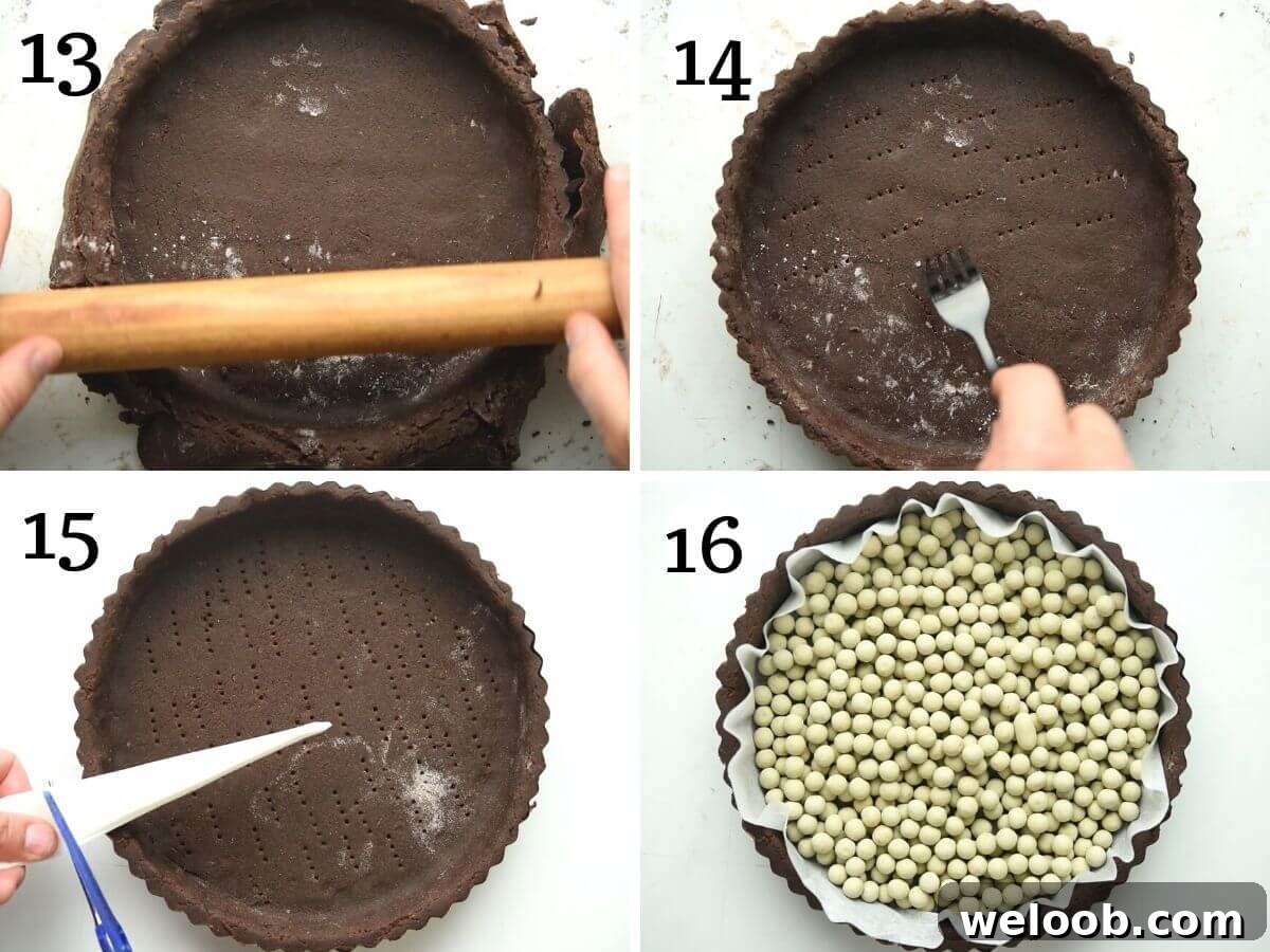 Step by step photos showing how to blind bake a chocolate pie crust