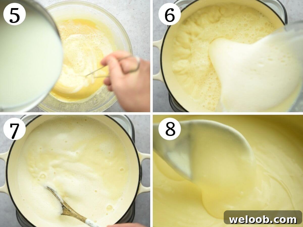 Step by step photos showing how to thicken custard