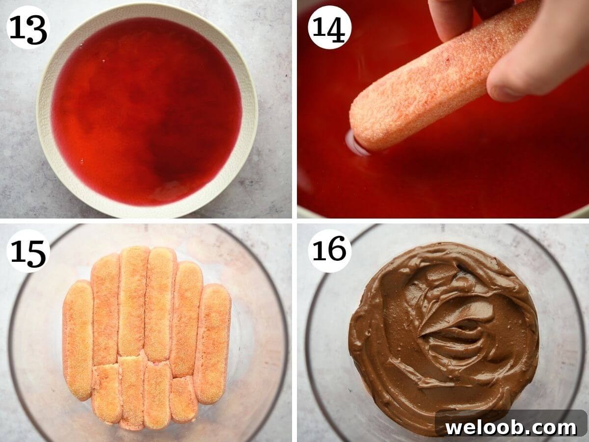 Step by step photos showing how to dip savoiardi biscuits in liqueur