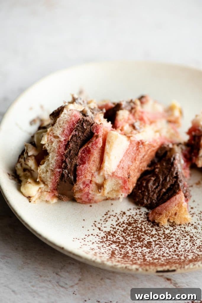 A close up of a slice of zuppa inglese on a plate