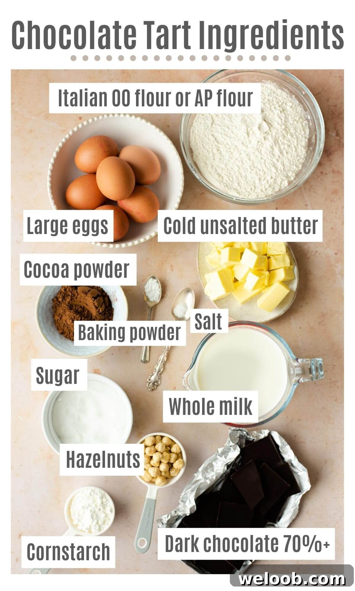 An overhead shot of all the ingredients you need to make a chocolate tart with hazelnuts