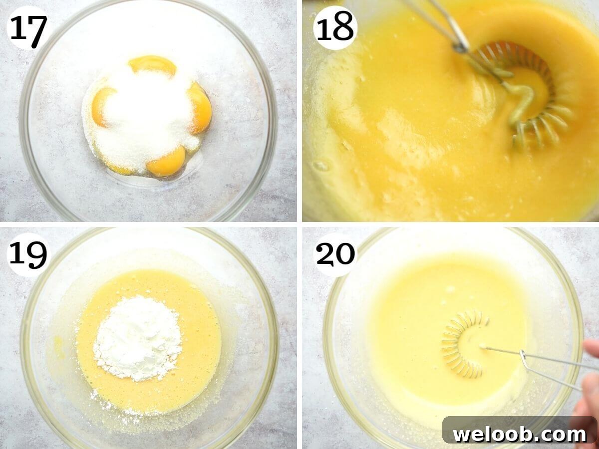Step by step photos showing how to whisk egg yolks with sugar and cornstarch