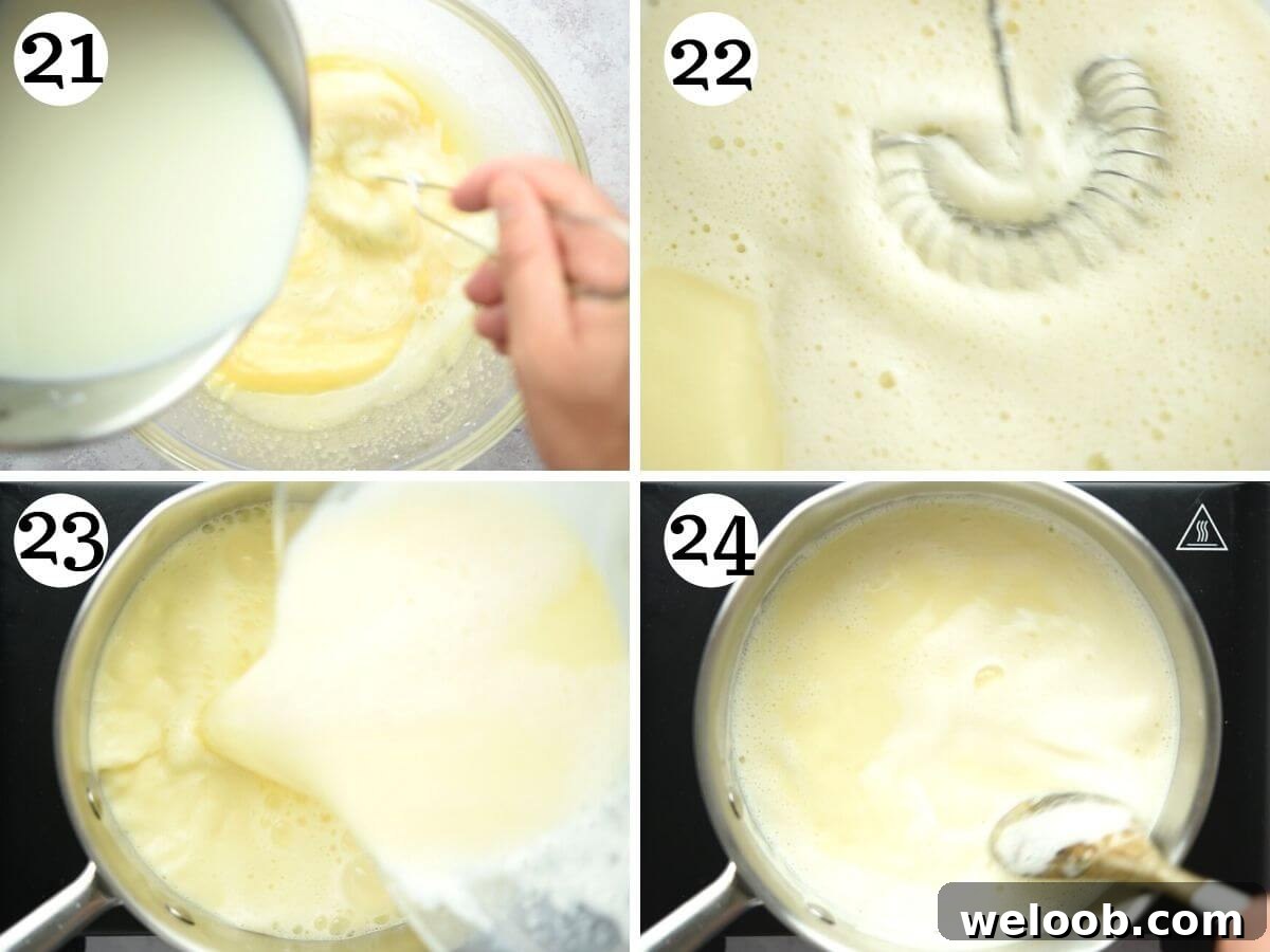 Step by step photos showing how to temper eggs with milk