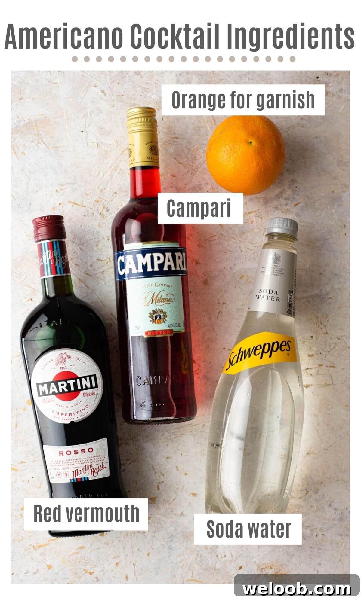 An overhead shot showing all the ingredients you need to make an Americano cocktail