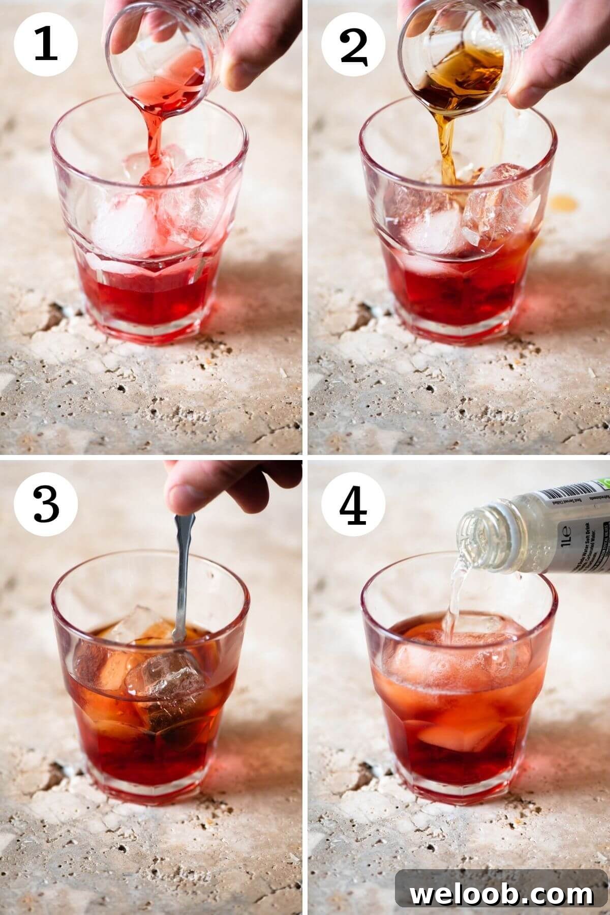 Step by step photos showing how to make an Americano cocktail