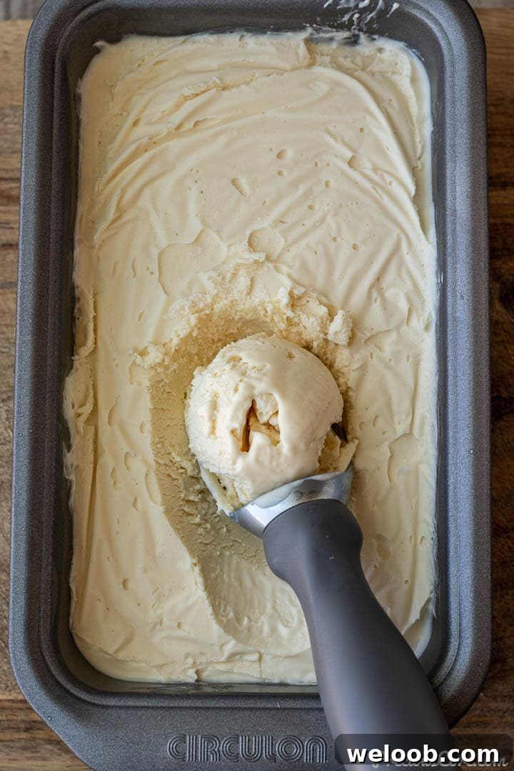 Vanilla ice cream in a loaf pan with scoop on top.