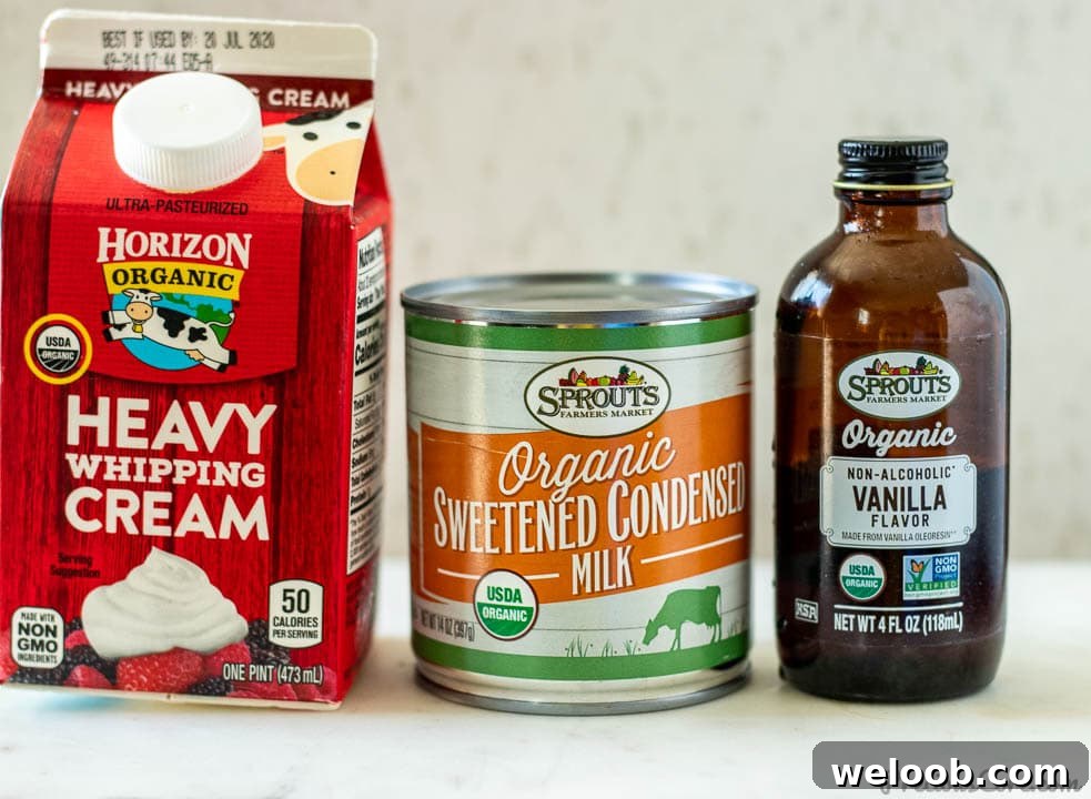 heavy whipping cream, sweetened condensed milk and vanilla extract for making vanilla ice cream.