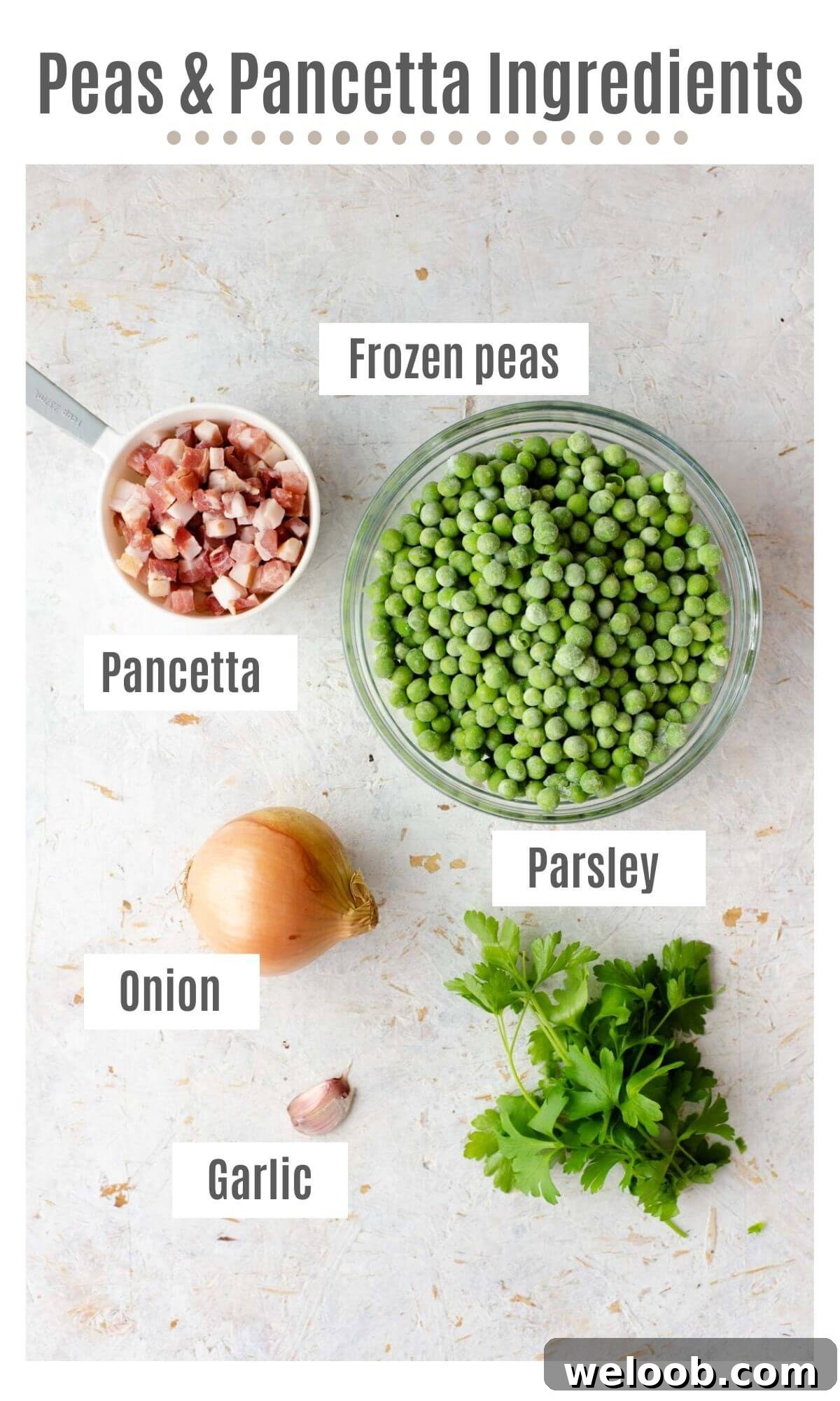 An overhead shot of all the ingredients you need to make peas and pancetta