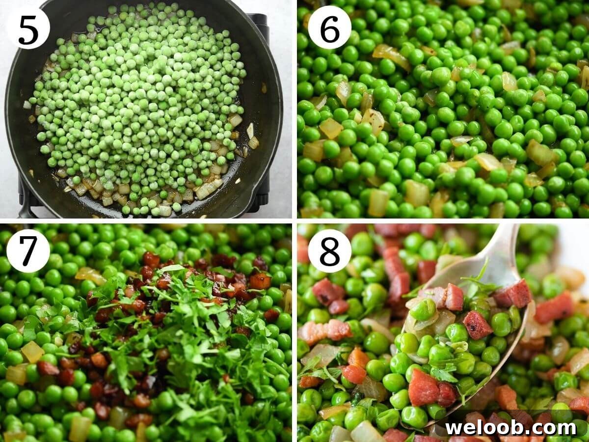 Step by step photos showing how to make peas and pancetta