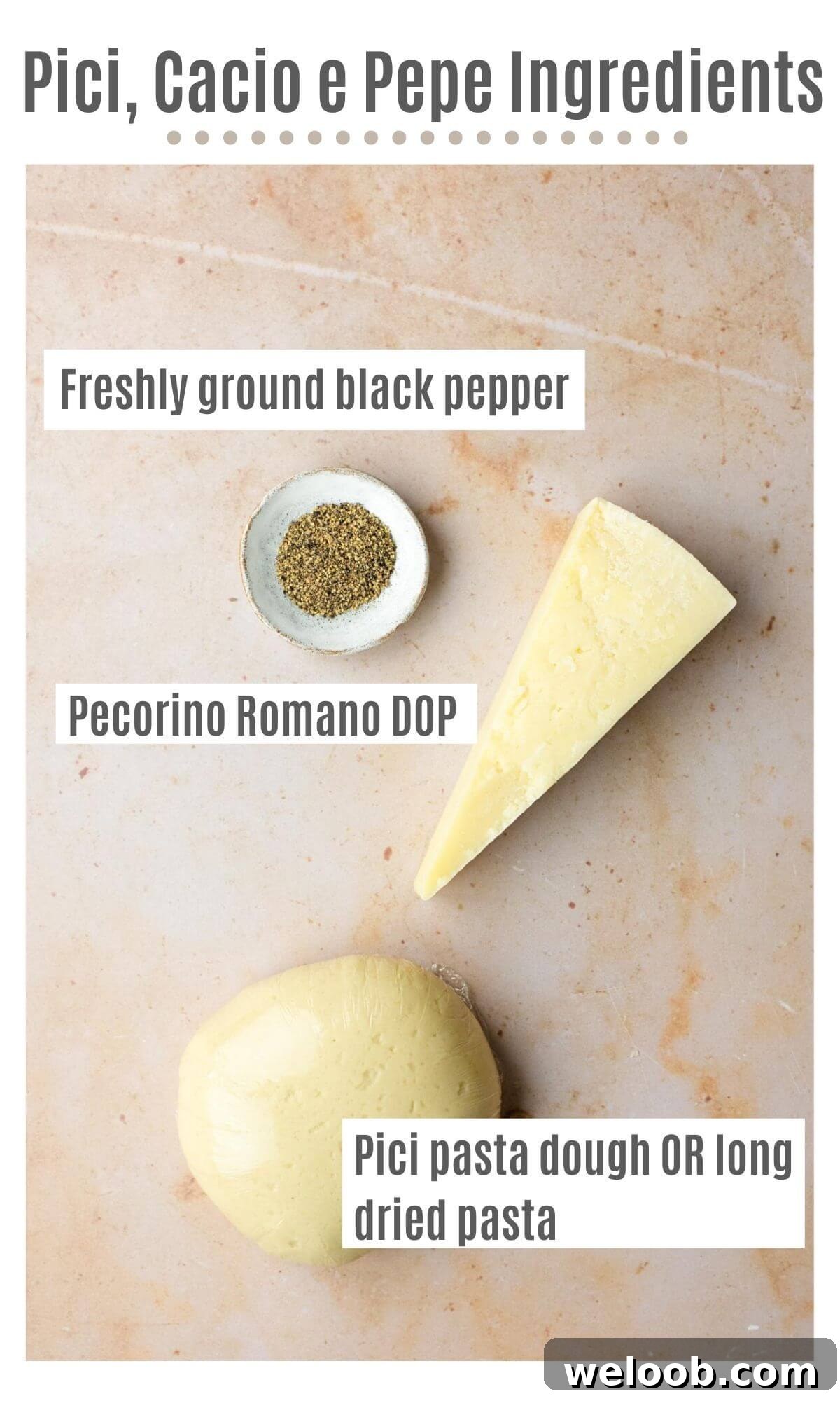 An overhead shot of all the ingredients you need to make cacio e pepe