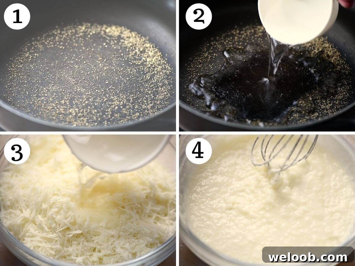 Step by step photos showing how to toast pepper and make a cheese sauce