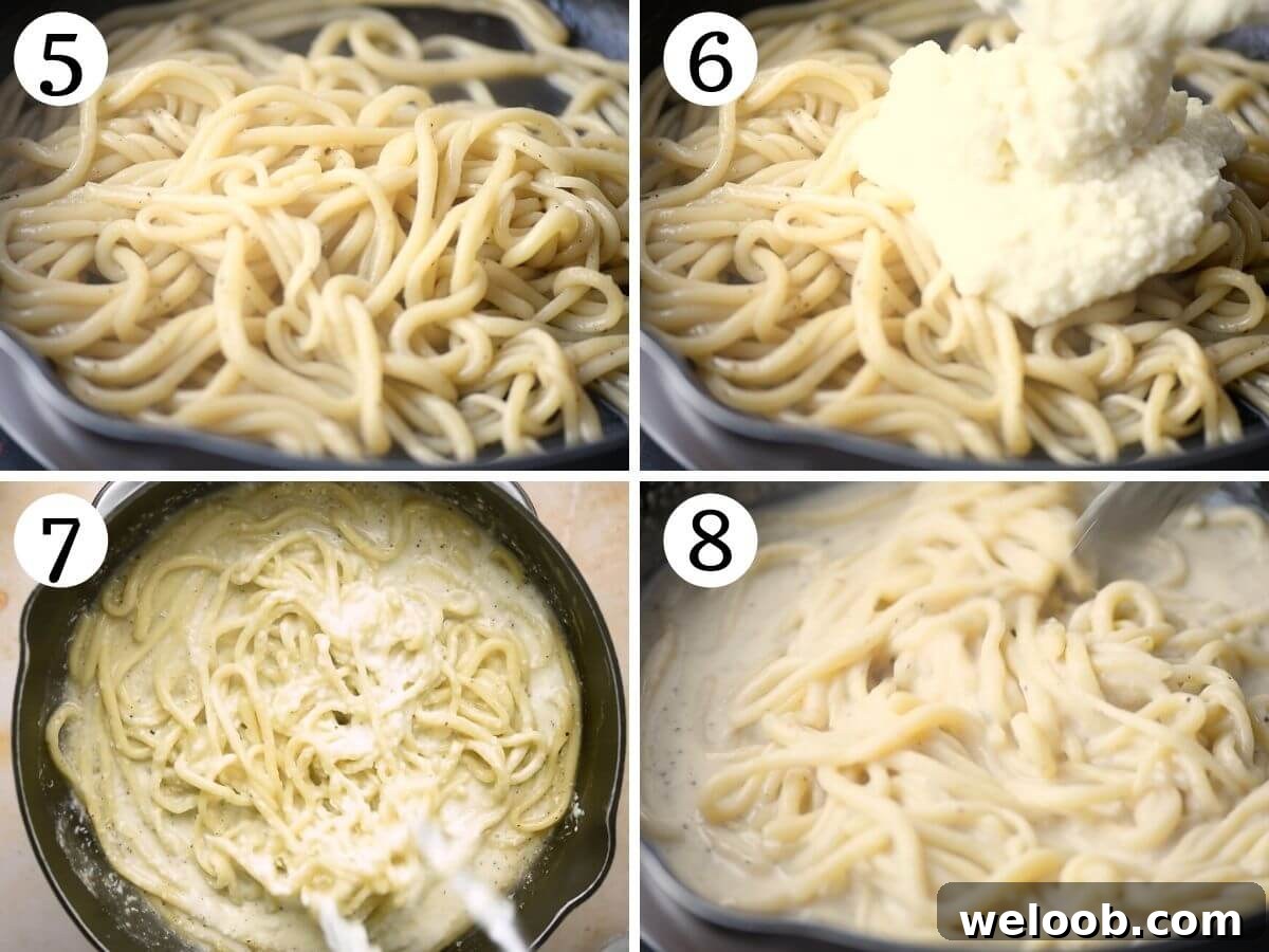 Step by step photos showing how to make cacio e pepe sauce