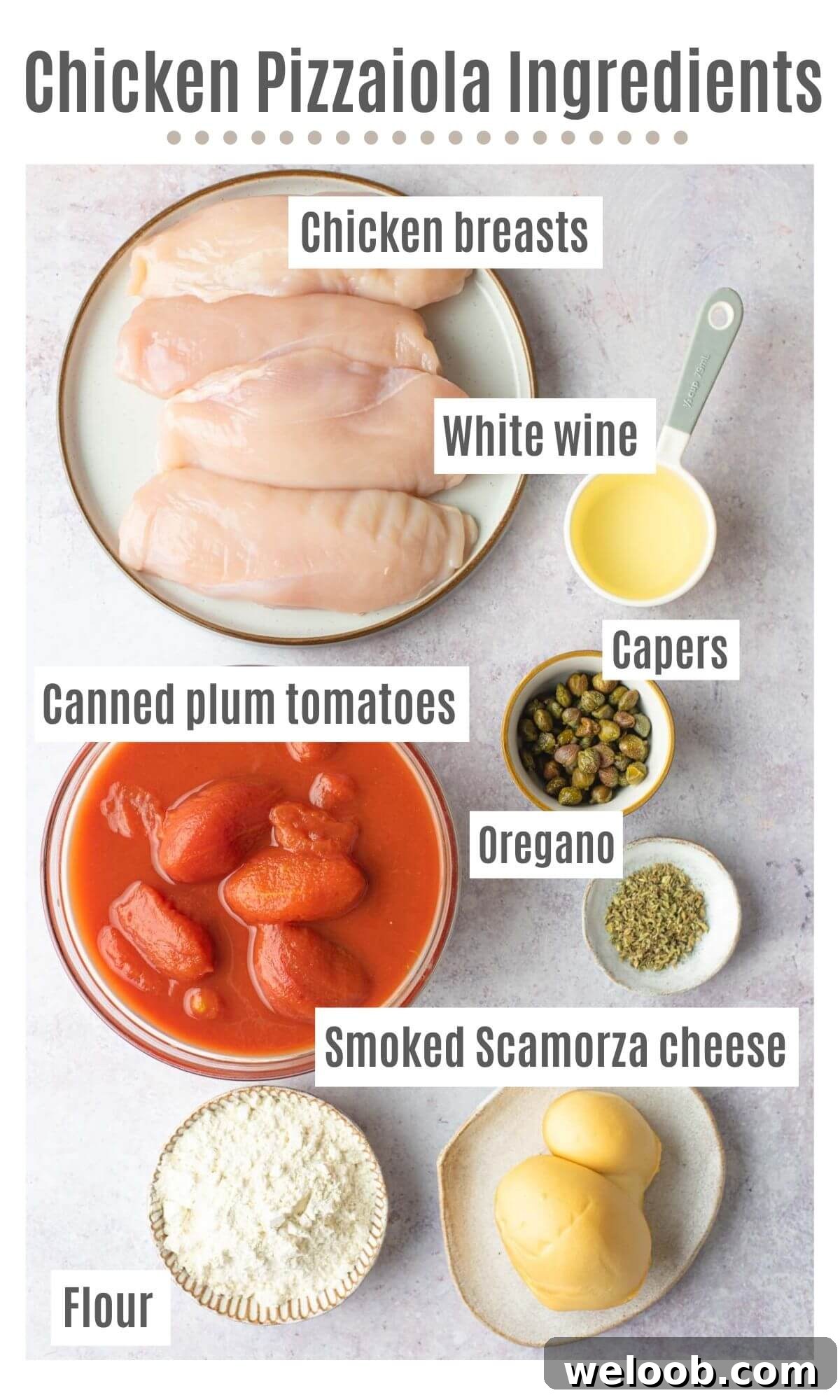 Smoked Scamorza Chicken Pizzaiola with Tomato and Herbs 3 An overhead shot of all the ingredients you need to make chicken pizzaiola