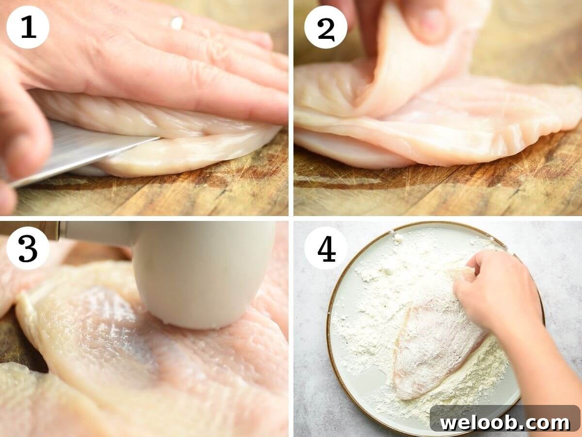 Smoked Scamorza Chicken Pizzaiola with Tomato and Herbs 4 Step by step photos showing how to cut chicken breasts into cutlets and dredge them in flour