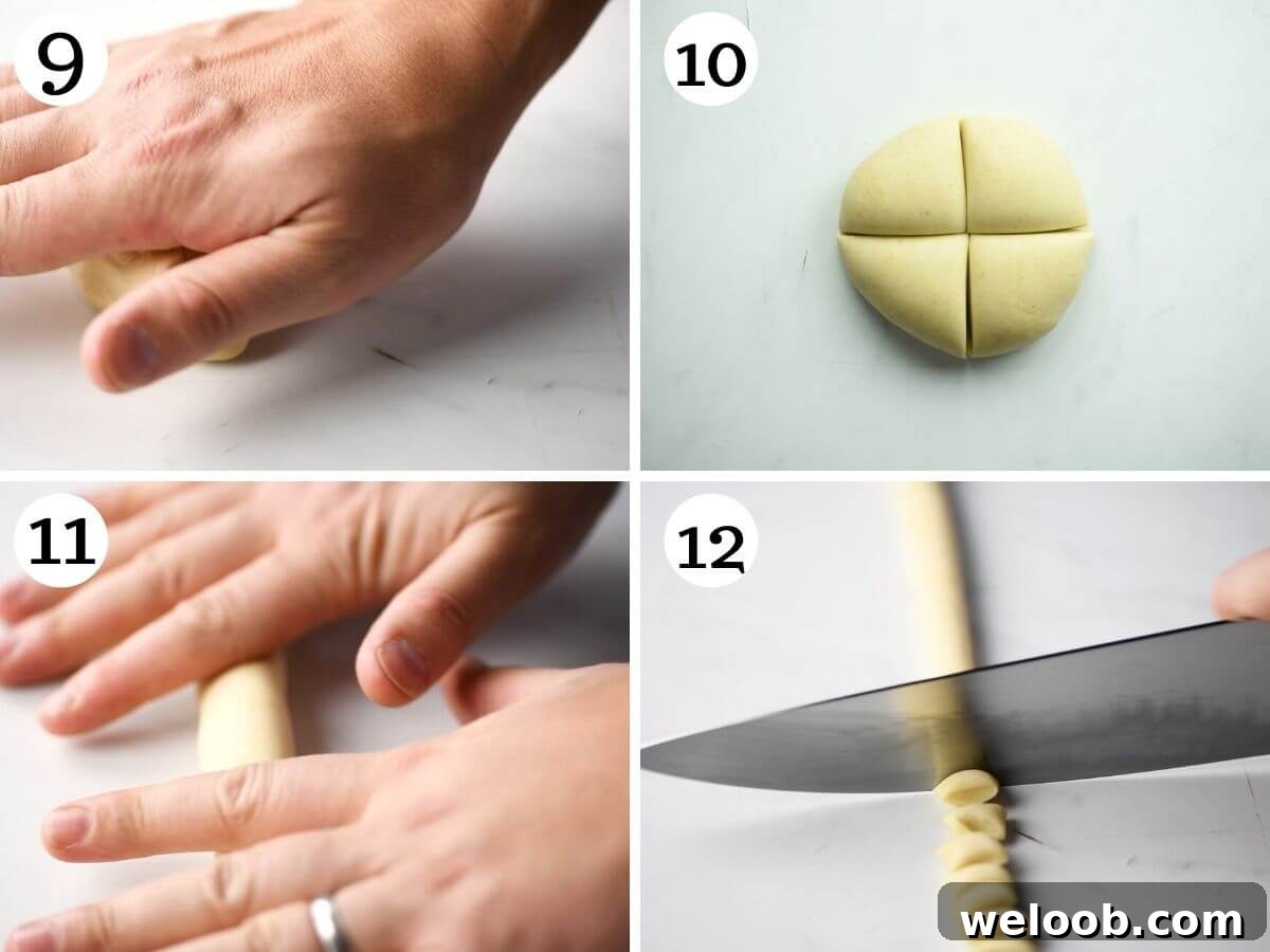 Step by step photos showing how to roll out and cut gnocchietti sardi pasta