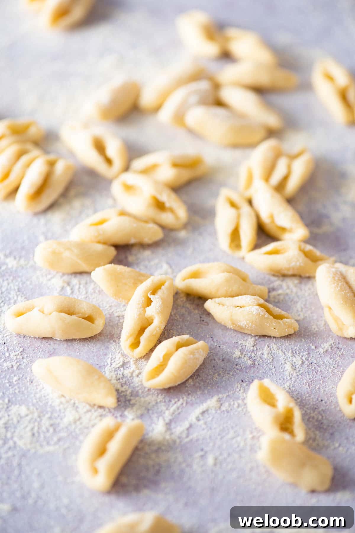 Fresh cavatelli pasta on a work surface
