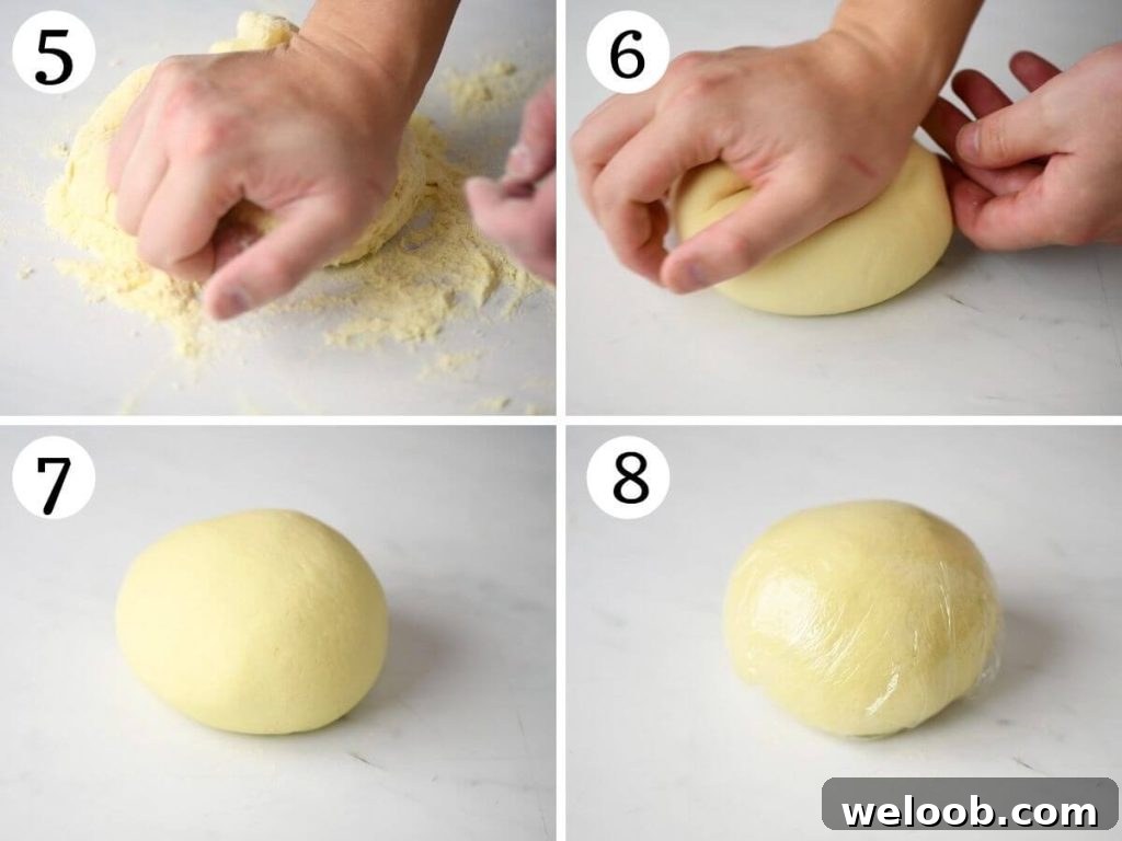 Step by step photos showing how to knead semolina pasta dough