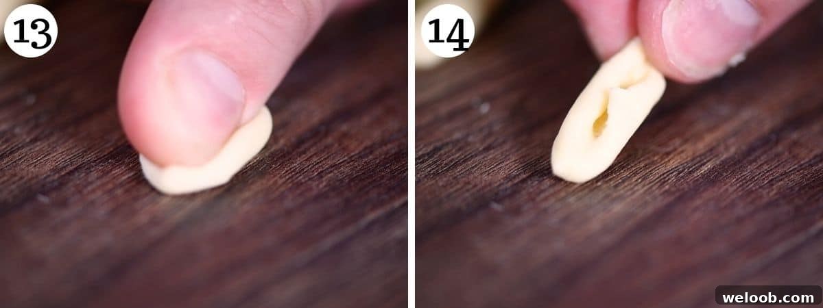 Two photos showing how to shape cavatelli on a wooden surface