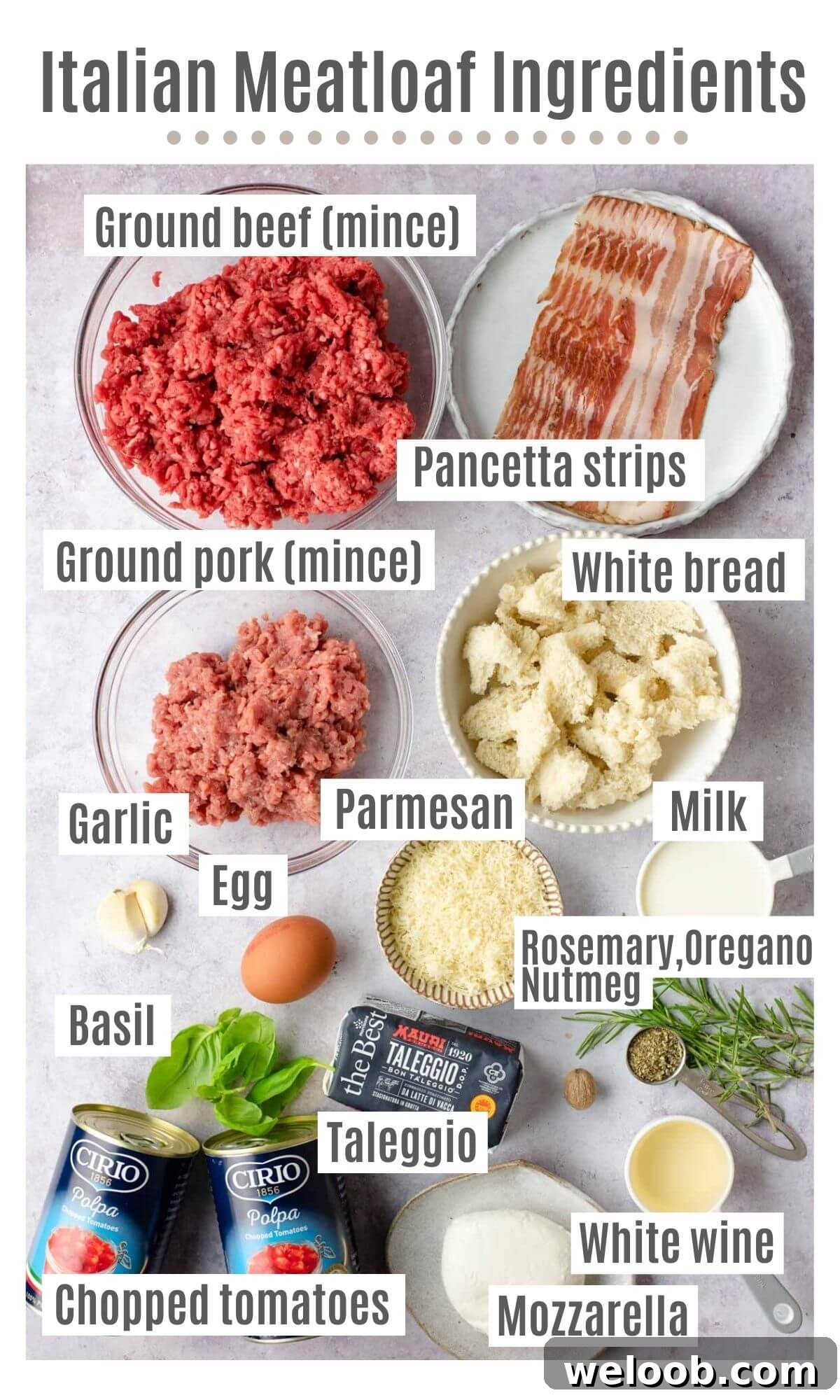 An overhead shot of all the ingredients you need to make Italian meatloaf