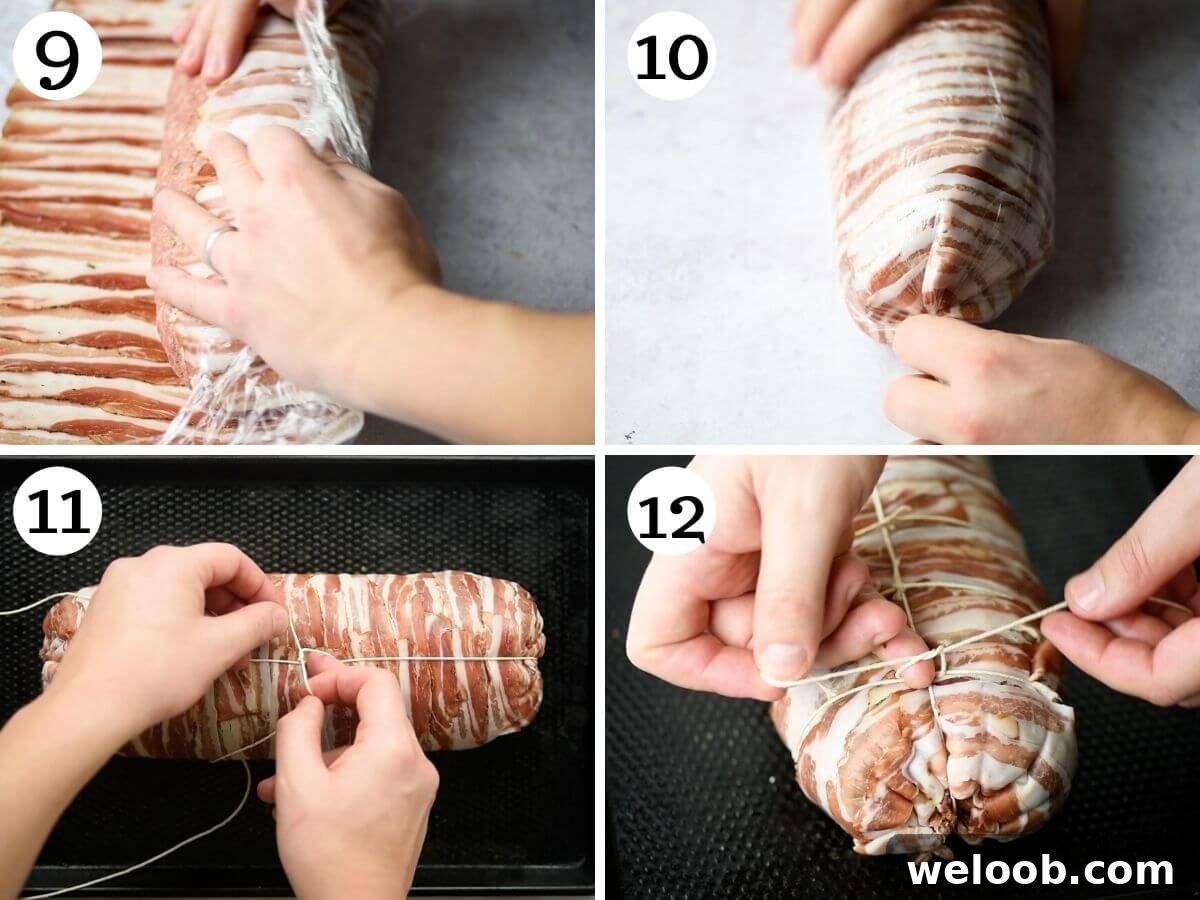 Step by step photos showing how to wrap and tie Italian meatloaf