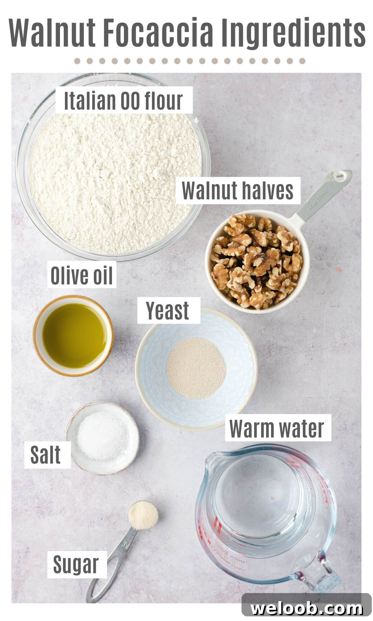 An overhead shot of all the ingredients you need to make a walnut focaccia