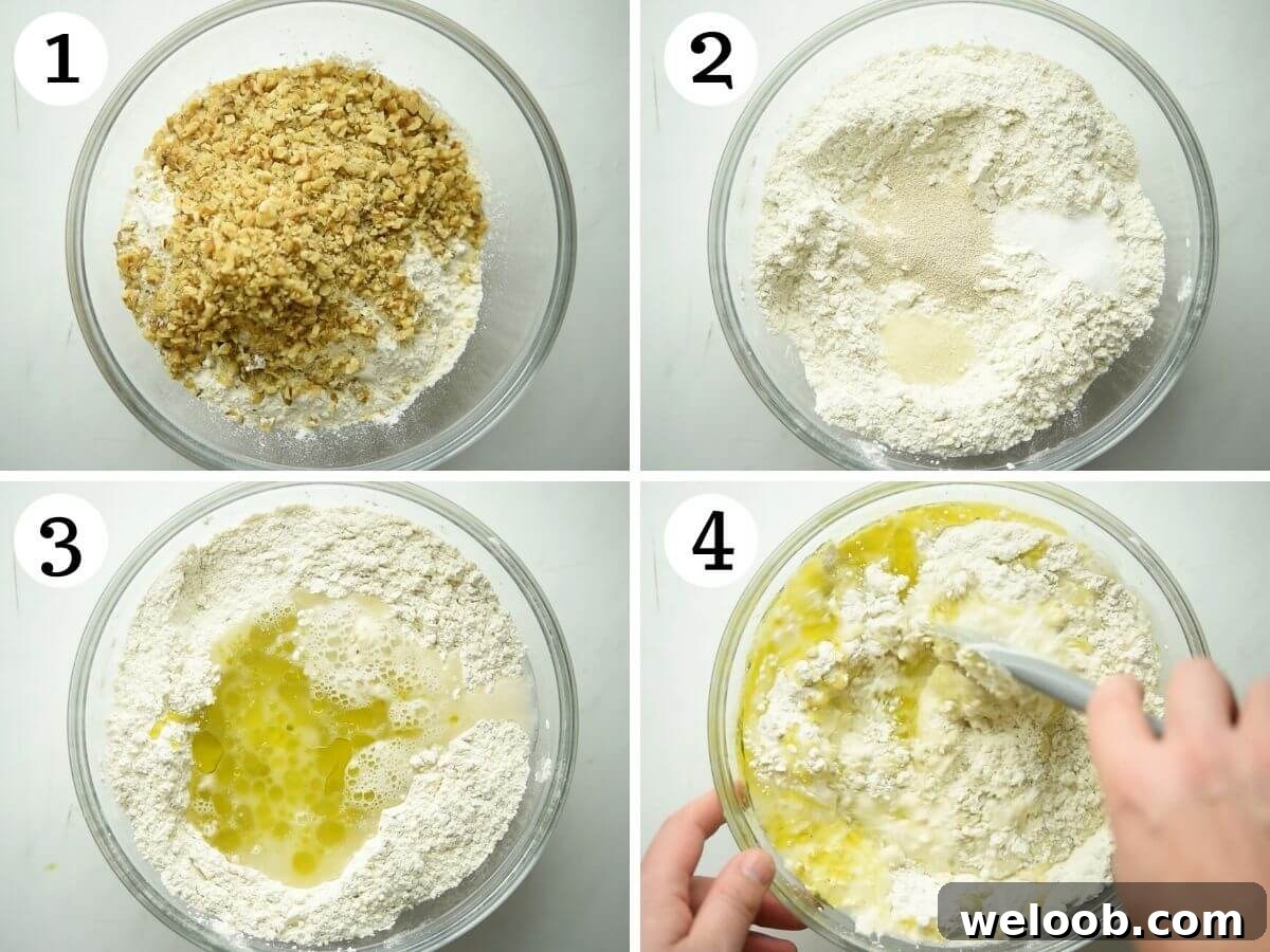 Step by step photos showing how to prepare walnut focaccia dough