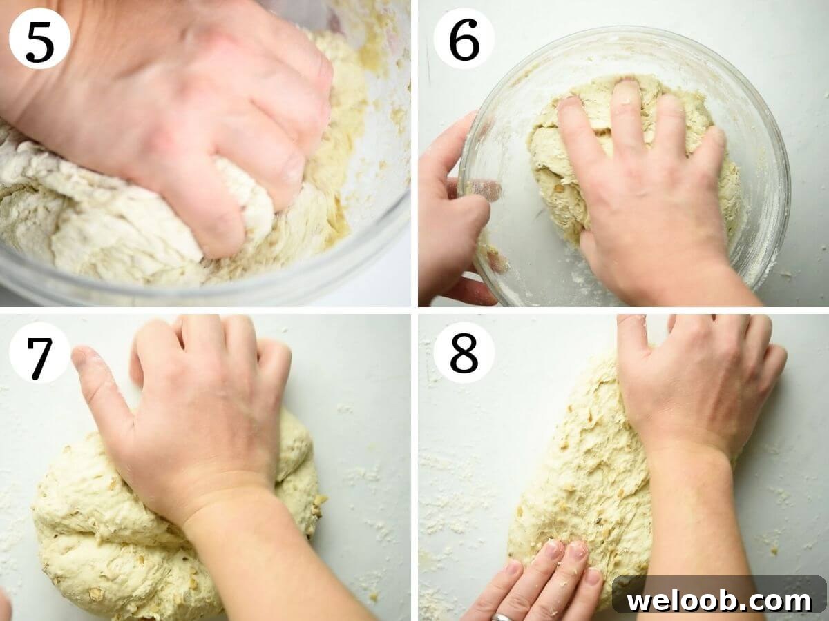 Step by step photos showing how to knead focaccia dough