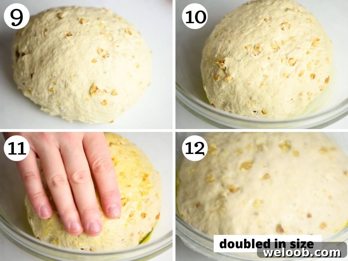 Step by step photos showing what focaccia dough looks like before and after proofing