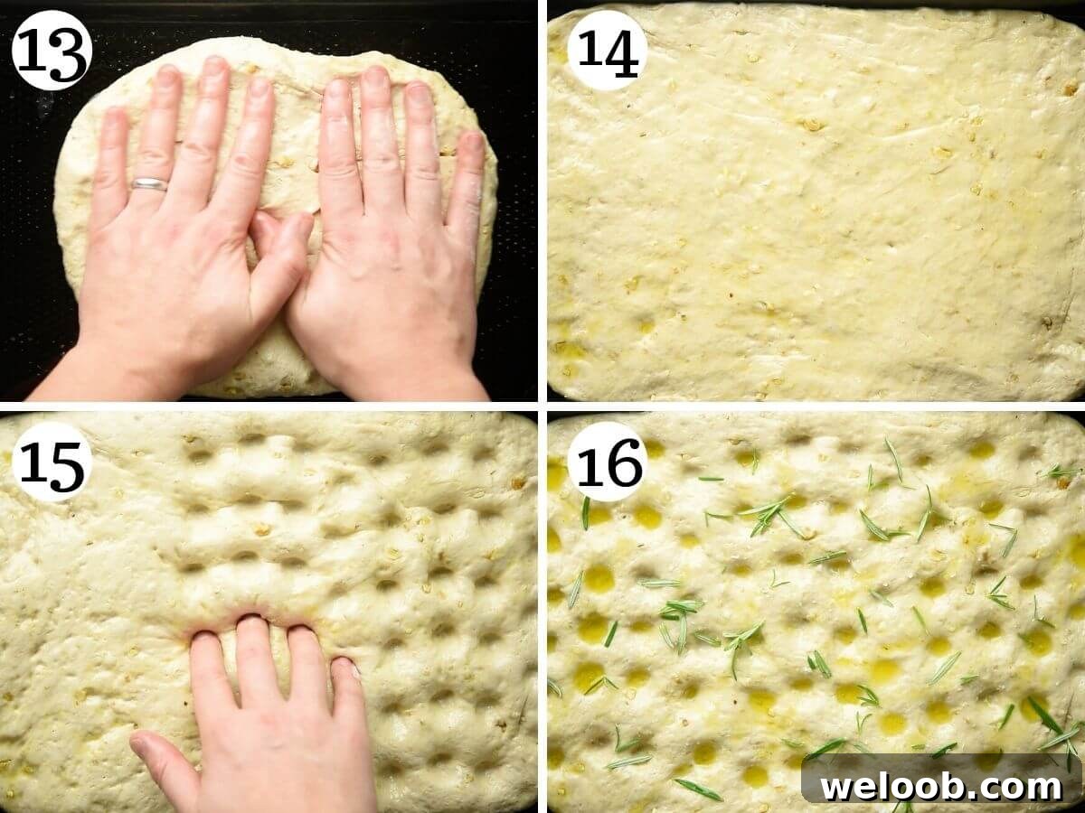 Step by step photos showing how to make shape a focaccia