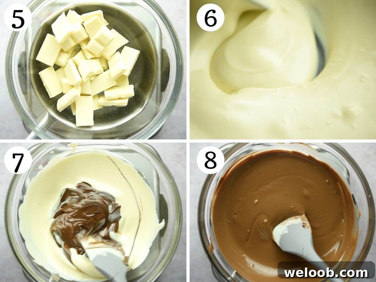 Step by step photos showing how to melt white chocolate and mix it with hazelnut spread