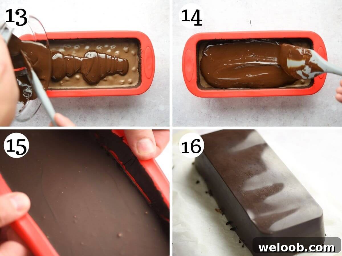 Step by step photos showing how to pour chocolate on top of the torrone filling and what it looks like when it's set