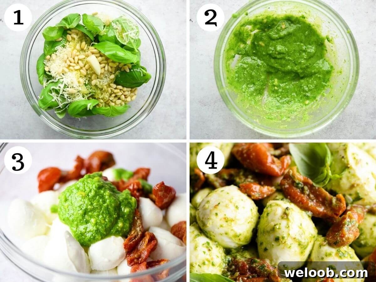 Step by step photos showing how to make mozzarella bocconcini with pesto