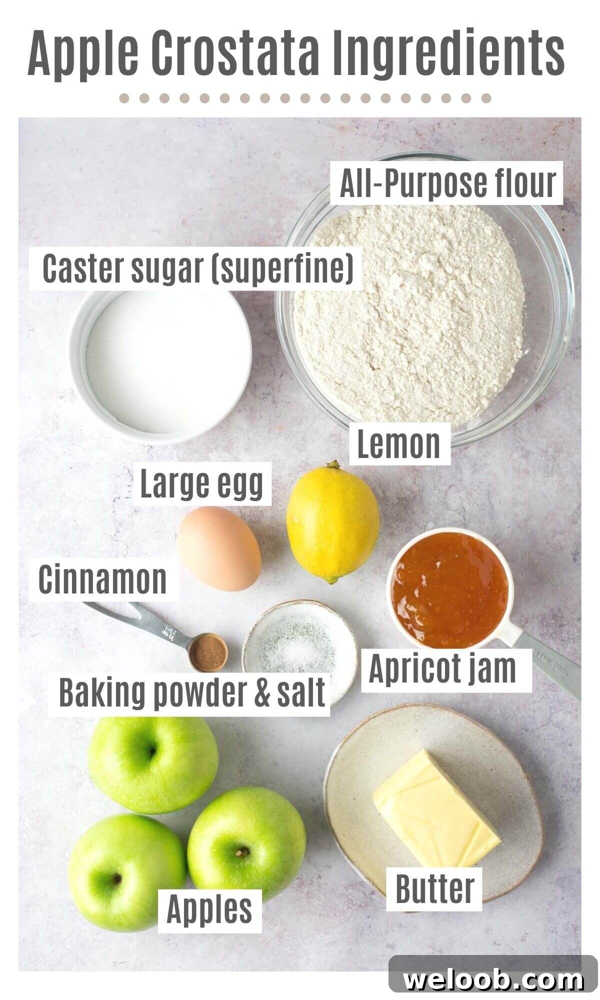 An overhead shot of all the ingredients needed to make an apple crostata