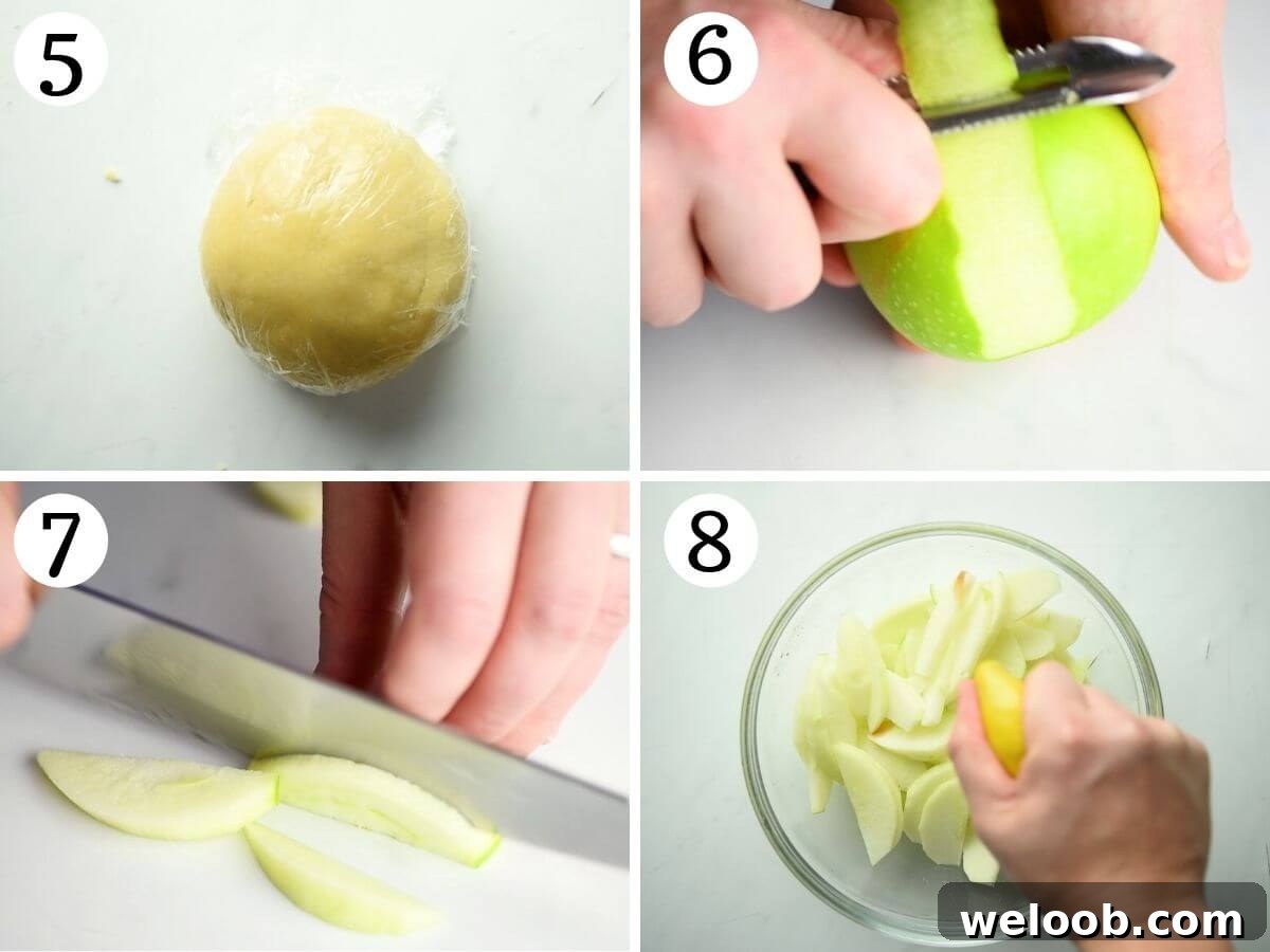 Step by step photos showing how to peel and slice apples