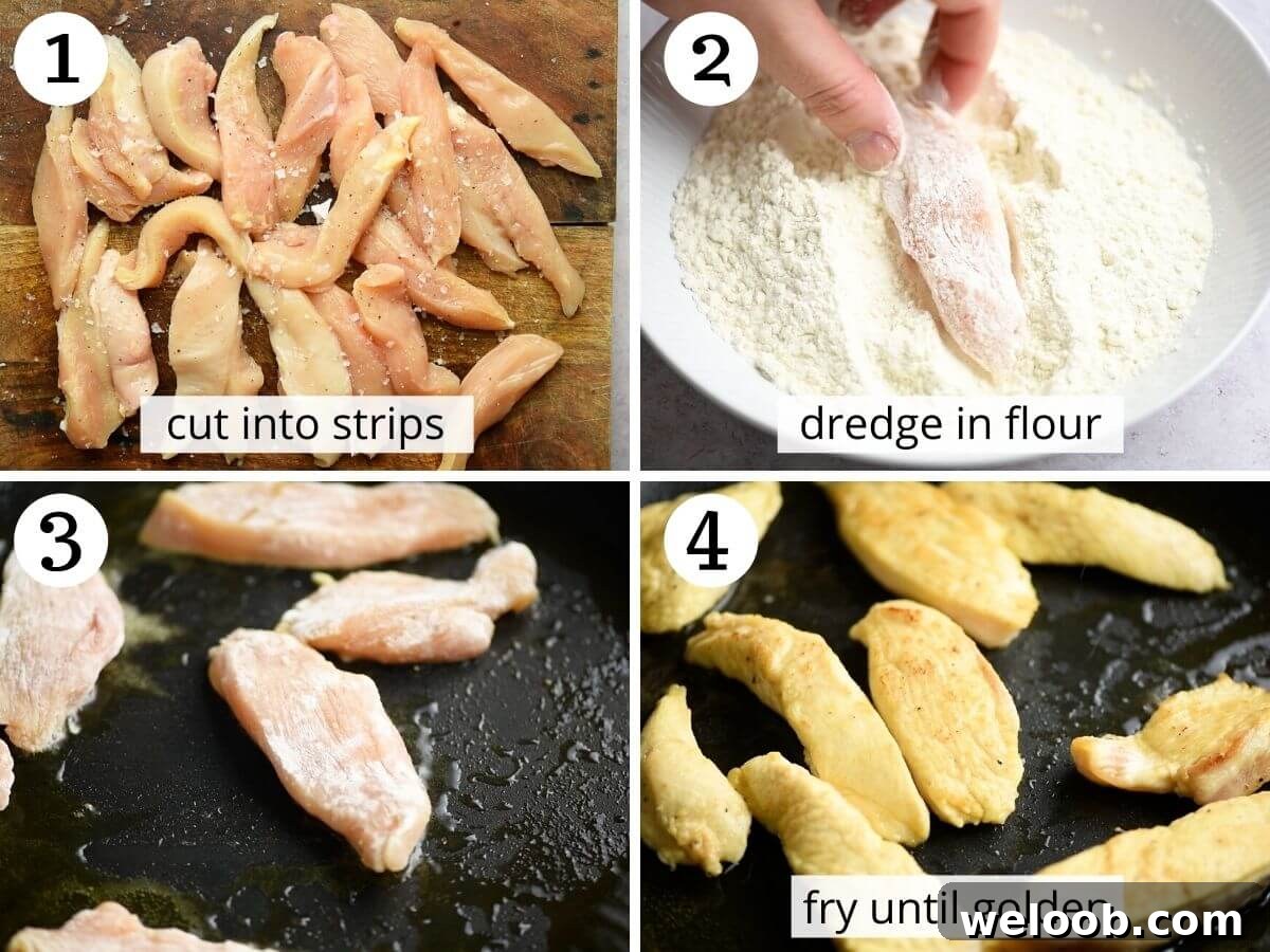 Step by step photos showing how to prepare, dredge and brown chicken strips