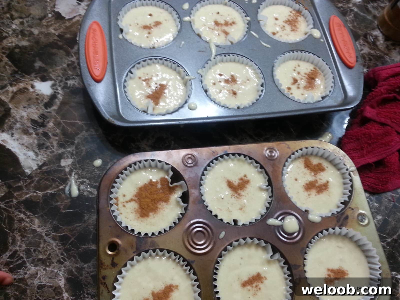 Banana cake batter topped with cinnamon.