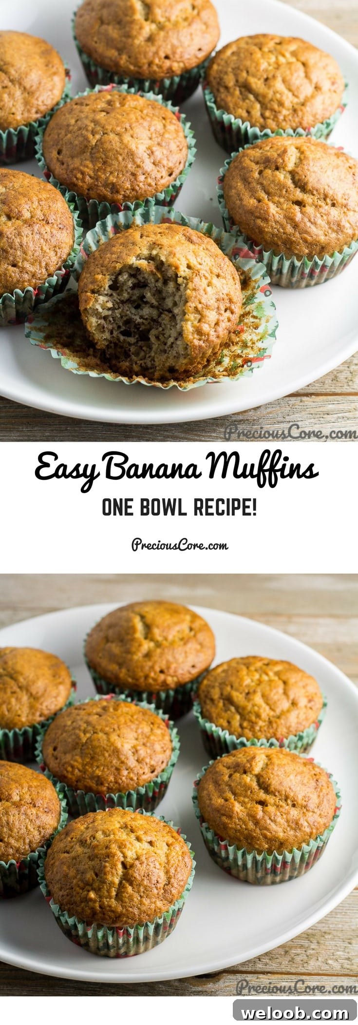 Collage with text "Easy Banana Muffins One Bowl Recipe!"