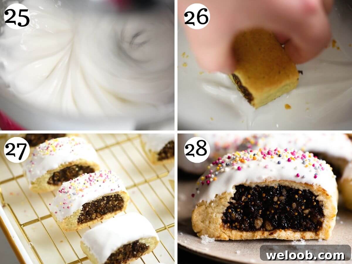 Four photos in a collage showing how to dip the Cuccidati cookies in icing and top with sprinkles.