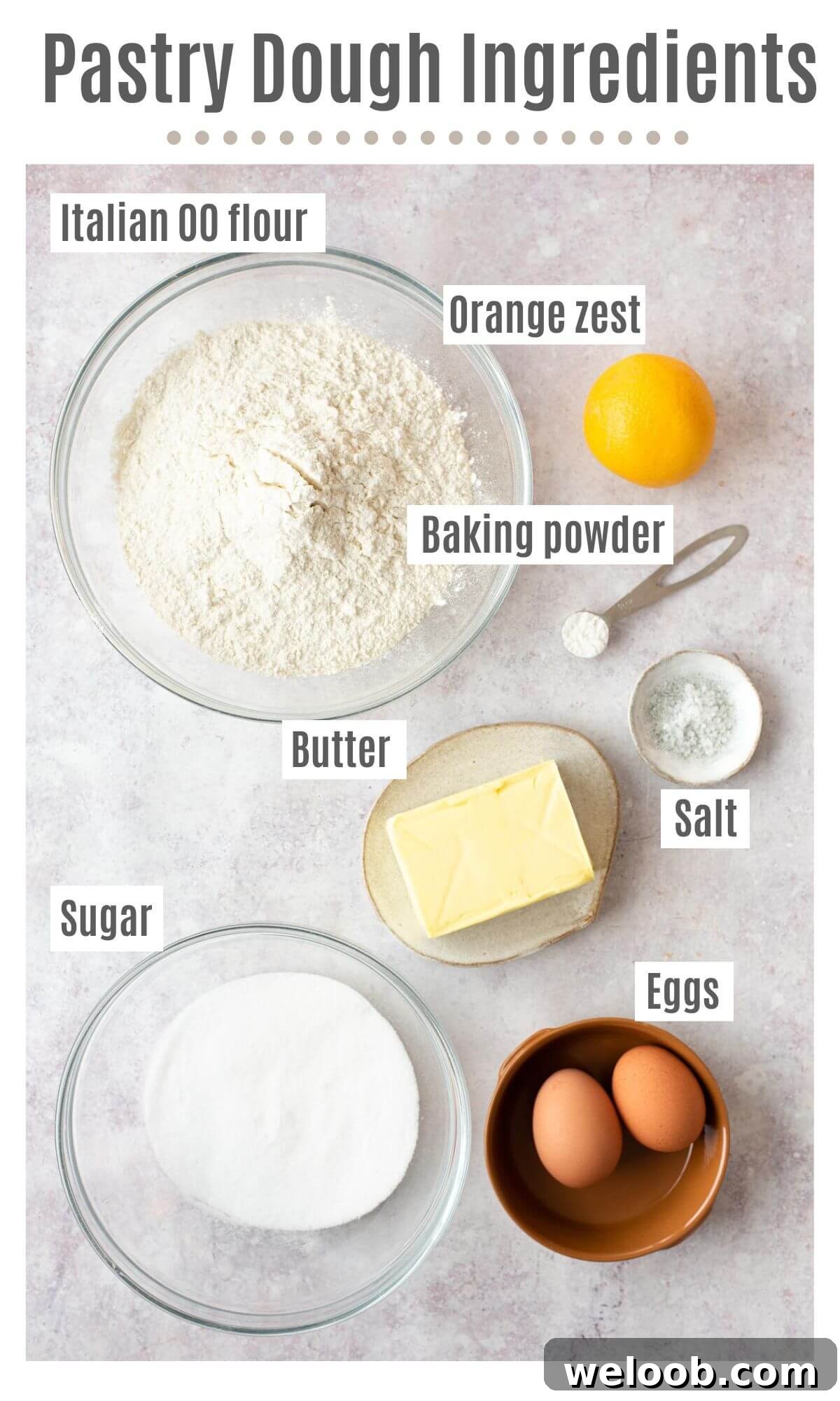 An overhead shot of ingredients needed to make pastry dough for cuccidati cookies.
